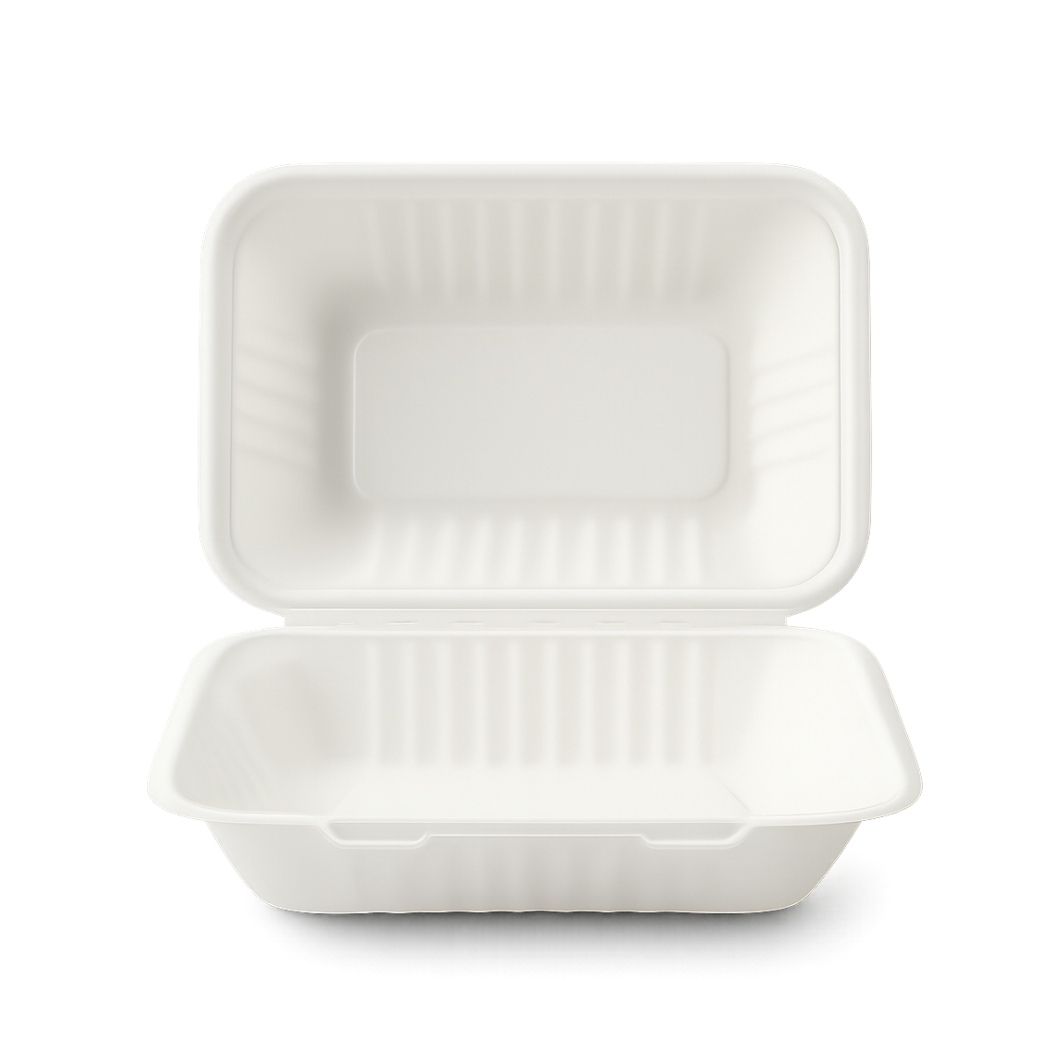 Bagasse hinged lid 1-comp 230x157x45/80mm white