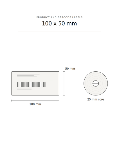 Product and barcode label, 100 x 50 mm, 1300 labels per roll, 25 mm core