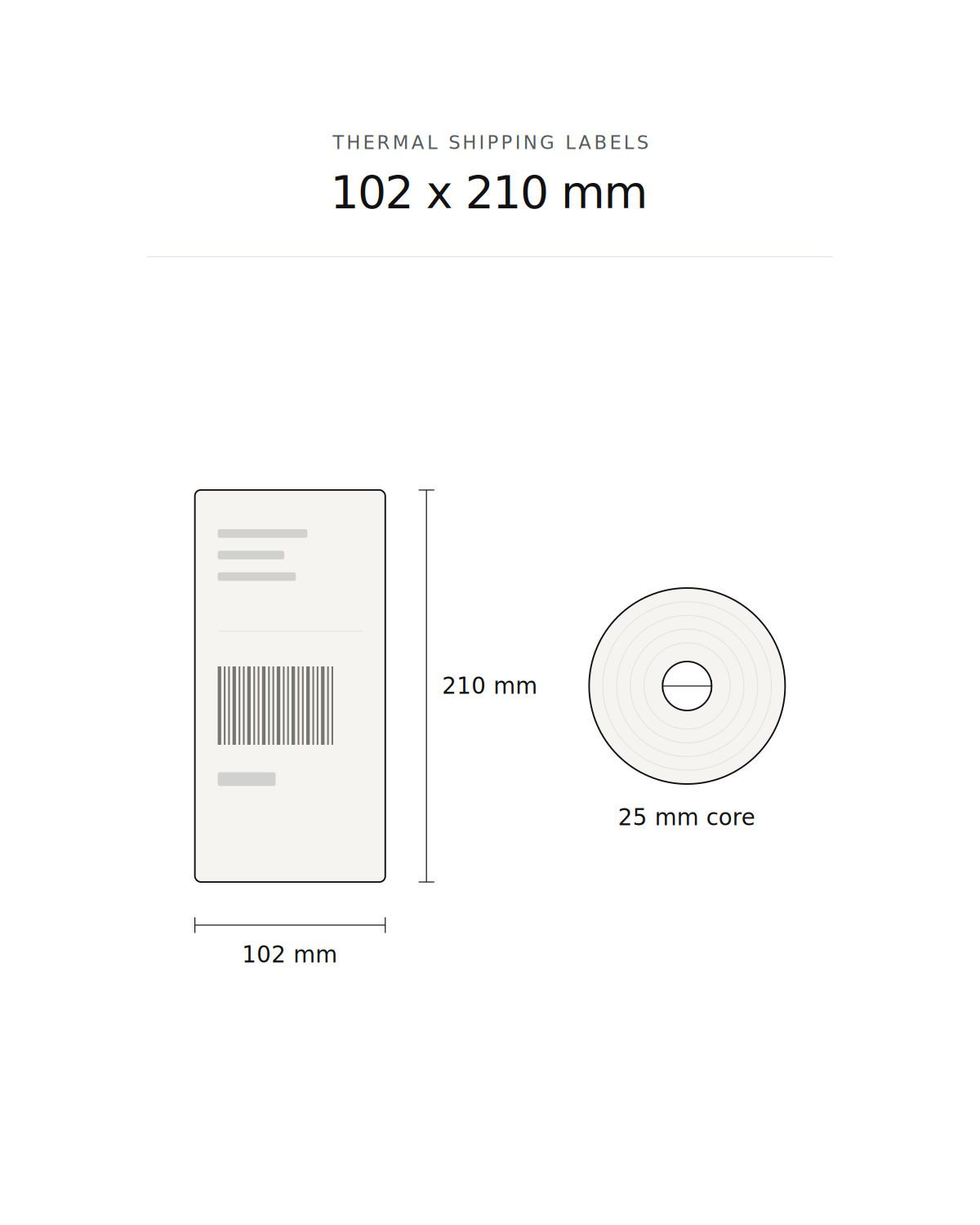 Thermal shipping label, 102 x 210 mm, 210 labels per roll, 25 mm core
