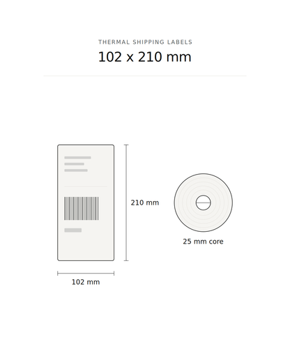 Thermal shipping label, 102 x 210 mm, 210 labels per roll, 25 mm core