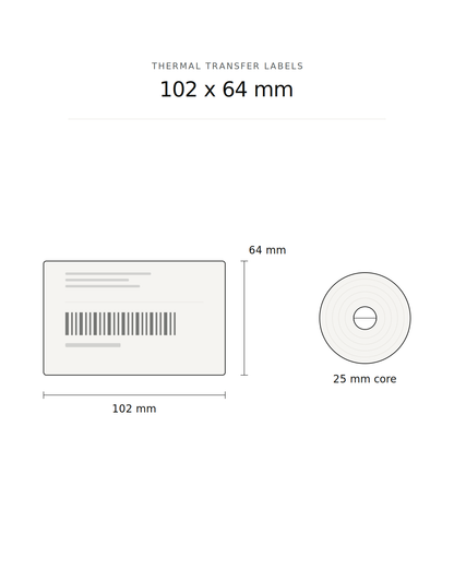 Thermal transfer label, 102 x 64 mm, 1100 labels per roll, 25 mm core