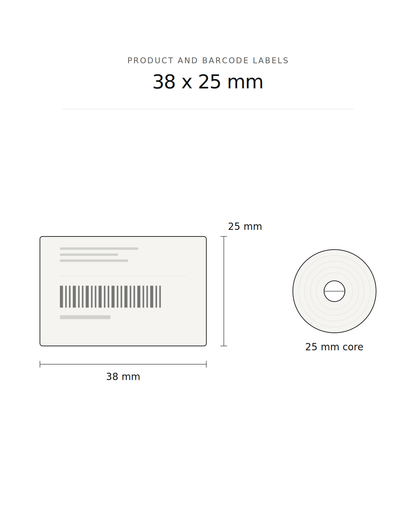 Product and barcode label, 38 x 25 mm, 2580 labels per roll, 25 mm core