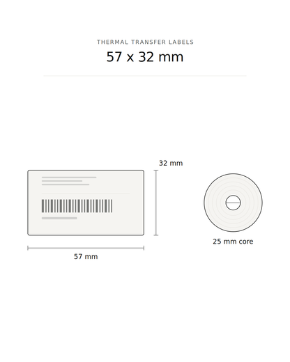 Thermal transfer label, 57 x 32 mm polypropylene, 1500 labels per roll, 25 mm core